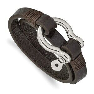 Kazi Luxury Steel Polished Shackle Brown Leather 16in Wrap Bracelet